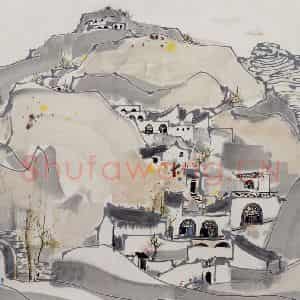 1987年 吴冠中《窑洞村》国画山水写意作品图片鉴赏