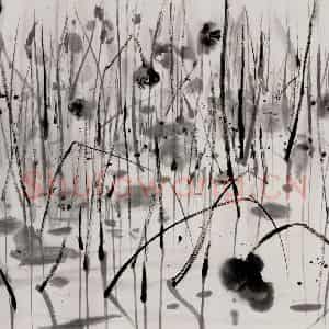 1987年 吴冠中《荷塘(残荷)》国画花鸟写意作品图片鉴赏