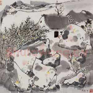 1988年 吴冠中《思旧作竹篱茅舍》国画山水写意作品图片鉴赏