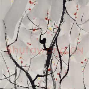 1989年 吴冠中《红梅(册页)》国画花鸟写意作品图片鉴赏
