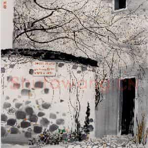 1989年 吴冠中《米勒故居》国画山水写意作品图片鉴赏
