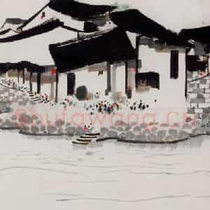 1989年 吴冠中《水乡双桥》国画山水写意作品图片鉴赏