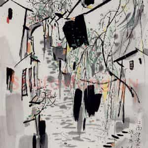 1990年 吴冠中《江南抹尽旧画图》国画山水写意作品图片鉴赏