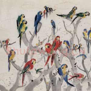 1990年 吴冠中《鹦鹉》国画花鸟写意作品图片鉴赏