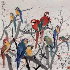 1990年 吴冠中《鹦鹉》国画花鸟写意作品图片鉴赏