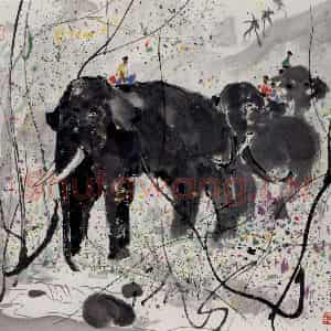 1990年 吴冠中《泰国清迈大象》国画综合写意作品图片鉴赏