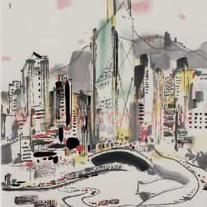1990年 吴冠中《香港中国银行》国画山水写意作品图片鉴赏