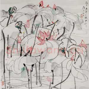 1990年 吴冠中《荷花》国画花鸟写意作品图片鉴赏