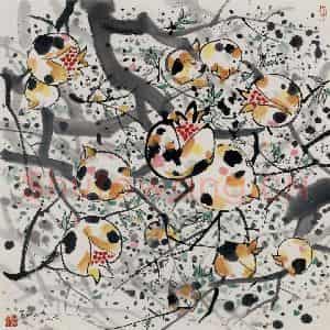 1992年 吴冠中《小石榴》国画花鸟写意作品图片鉴赏