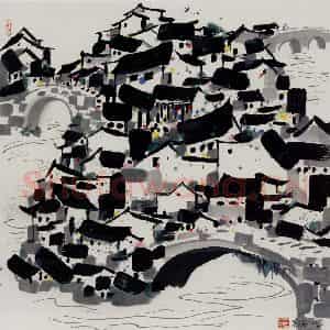 1992年 吴冠中《桥乡》国画山水写意作品图片鉴赏