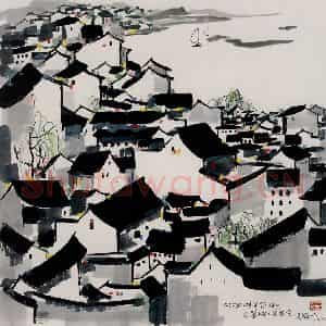 1992年 吴冠中《太湖之畔》国画山水写意作品图片鉴赏