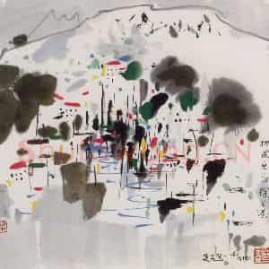 1994年 吴冠中《挪威卑尔根之港》国画山水写意作品图片鉴赏