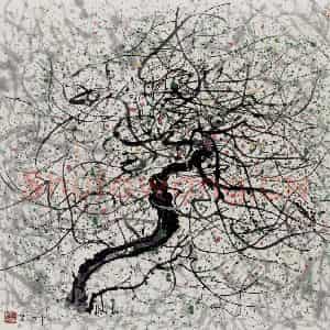 1996年 吴冠中《点线迎春》国画花鸟写意作品图片鉴赏