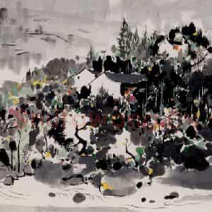 1996年 吴冠中《山间小村》国画山水写意作品图片鉴赏