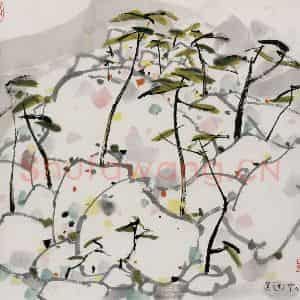 1991年 吴冠中《崂山松石》国画山水写意作品图片鉴赏