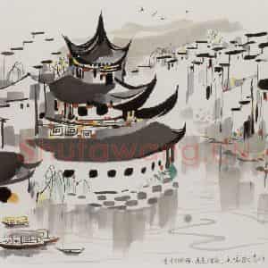 1991年 吴冠中《追忆秦淮河》国画山水写意作品图片鉴赏