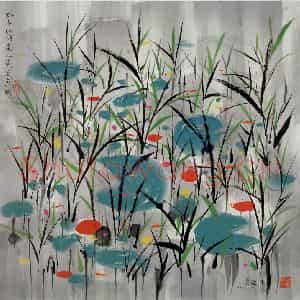 1999年 吴冠中《野草池塘》国画花鸟写意作品图片鉴赏