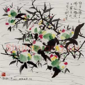 2000年 吴冠中《桃》国画花鸟写意作品图片鉴赏