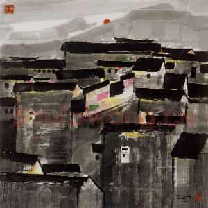2001年 吴冠中《残阳如血》国画山水写意作品图片鉴赏