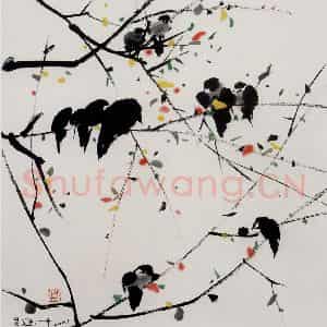 2001年 吴冠中《枝头朋友》国画花鸟写意作品图片鉴赏