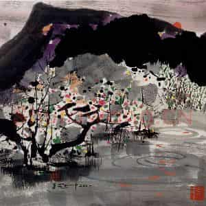 2001年 吴冠中《夕阳山外山》国画山水写意作品图片鉴赏