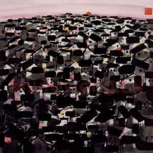 2002年 吴冠中《残阳如血》国画山水写意作品图片鉴赏