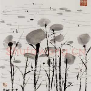 2002年 吴冠中《水草》国画花鸟写意作品图片鉴赏