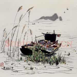 2002年 吴冠中《太湖渔舟》国画山水写意作品图片鉴赏