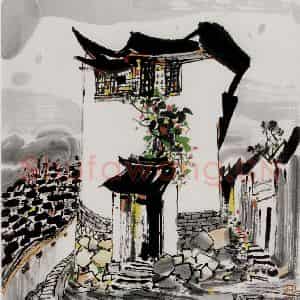 2005年 吴冠中《丽江人家》国画山水写意作品图片鉴赏