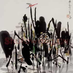 2005年 吴冠中《红蜻蜓》国画花鸟写意作品图片鉴赏