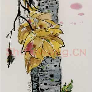 2005年 吴冠中《梧桐入秋》国画花鸟写意作品图片鉴赏