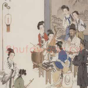 1985年 刘凌沧《韩熙载聆曲图》国画人物作品图片鉴赏