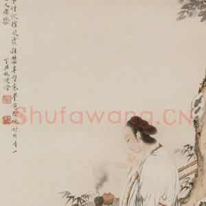 1937年 刘凌沧《月影焚香》国画人物作品图片鉴赏