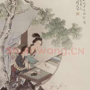 1961年 刘凌沧《梧桐庭院》国画人物作品图片鉴赏