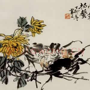 吴茀之《菊蟹图》国画花鸟作品图片鉴赏