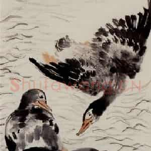 1945年 吴茀之《春江戏鸭》国画花鸟作品图片鉴赏