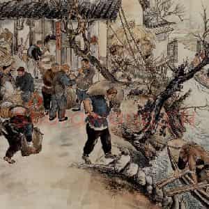 1950年 吴茀之《锣鼓声中送公粮》国画人物作品图片鉴赏