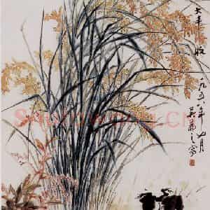 1958年 吴茀之《蓼花水稻青蛙》国画花鸟作品图片鉴赏