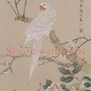 2007年 喻继高《茶梅鹦鹉》国画花鸟工笔作品图片鉴赏