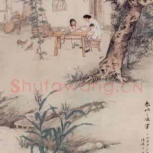 1956年 陆俨少《教妈妈识字》国画山水作品图片鉴赏