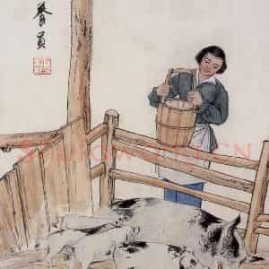 约20世纪50年代 陆俨少《新来的饲养员》国画综合作品图片鉴赏