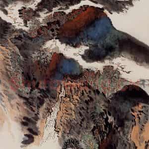 1983年 陆俨少《重楼听瀑图》国画山水作品图片鉴赏