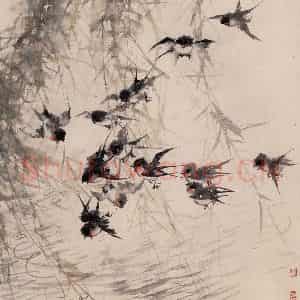 1958年 蔡鹤洲《欢燕拂柳》国画花鸟作品图片鉴赏