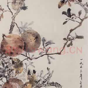 1953年 蔡鹤洲《食榴小趣》国画花鸟作品图片鉴赏