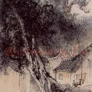1956年 蔡鹤洲《老树人家》国画山水作品图片鉴赏