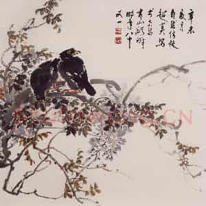 1991年 彭友善《八哥紫藤》国画花鸟作品图片鉴赏