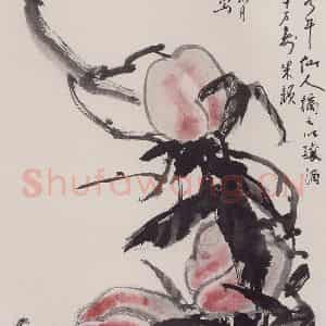 1991年 彭友善《仙桃》国画花鸟作品图片鉴赏