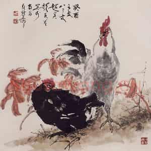 1993年 彭友善《双鸡》国画花鸟作品图片鉴赏