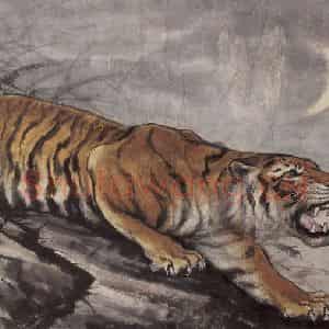 1974年 彭友善《月夜虎啸》国画综合作品图片鉴赏