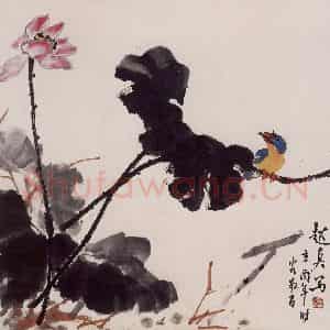 1981年 彭友善《荷塘翠鸟》国画花鸟作品图片鉴赏